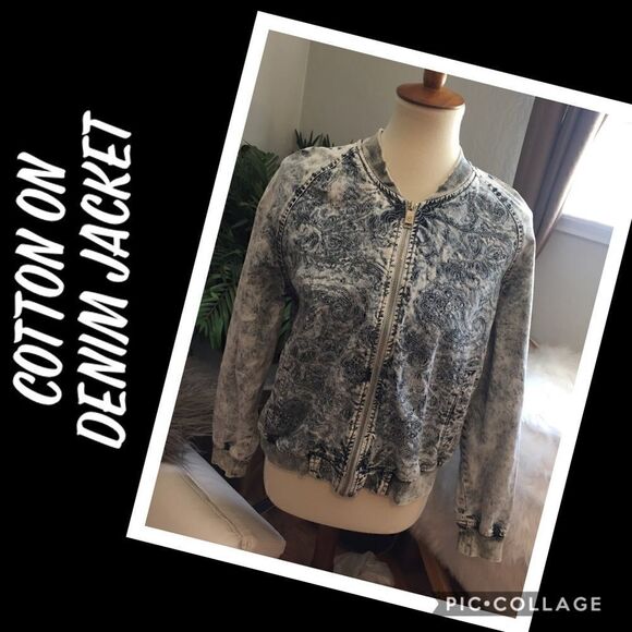 CottonOn Full Zip Long Sleeve Paisley Design Denim Jacket Size 10-NWOT - Picture 1 of 8